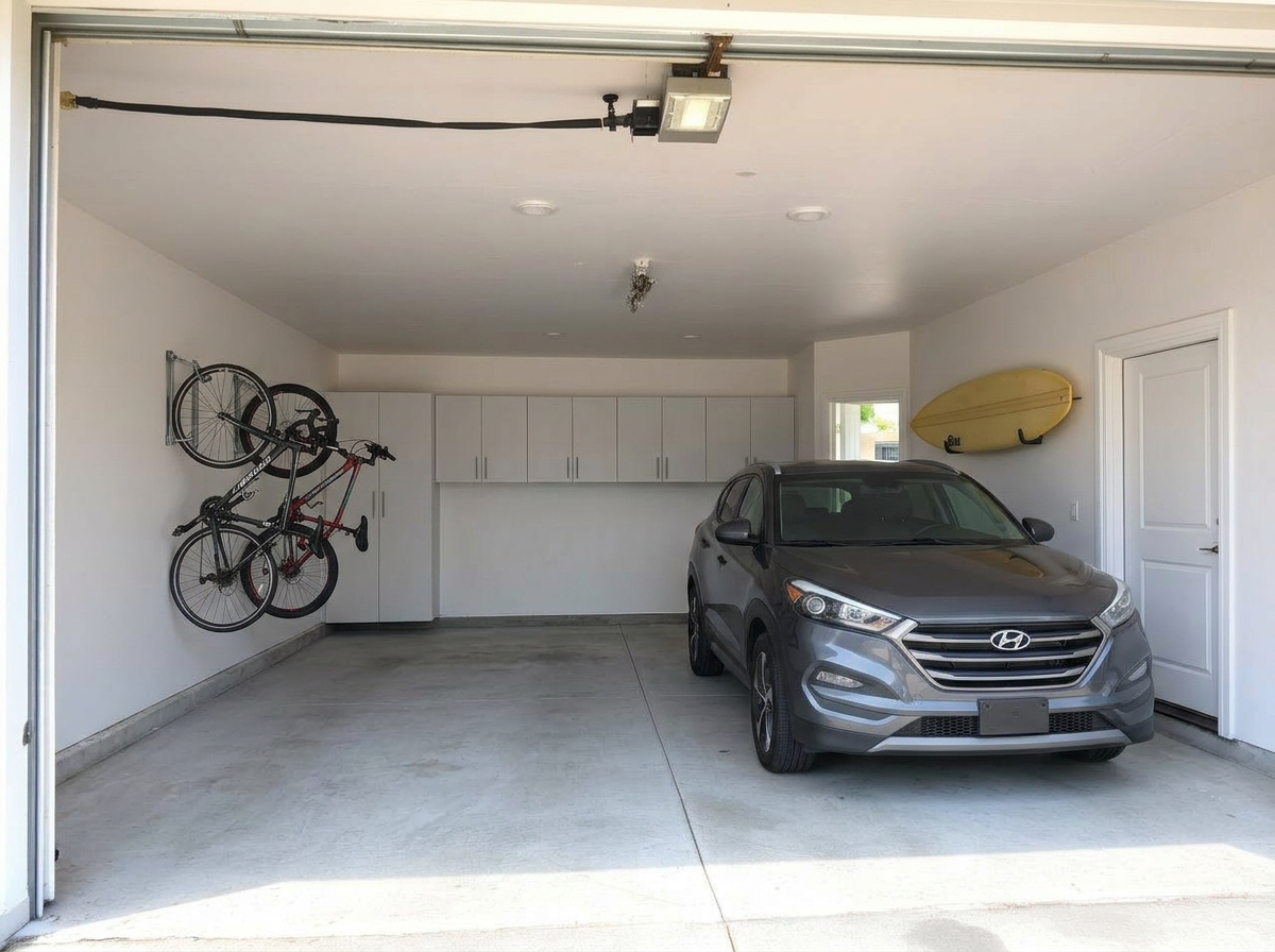 Bikes up, boards mounted, parked inside — after